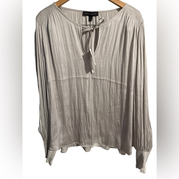 Banana Republic Tops - Banana Republic Women Satin Smocked Tie-Neck Blouse Silver Champagne Size XL